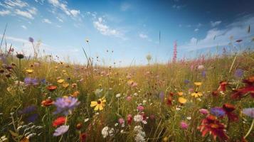 colorida flores dentro uma Prado em uma ensolarado verão dia, lindo Prado com papoilas e de outros flores silvestres foto