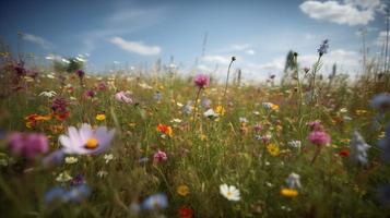 colorida flores dentro uma Prado em uma ensolarado verão dia, lindo Prado com papoilas e de outros flores silvestres foto