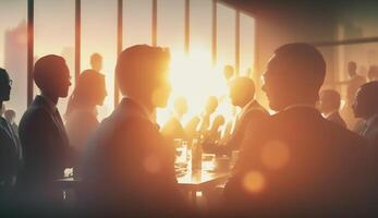 shillouette multidão do o negócio pessoas encontro em mesa dentro escritório, generativo ai foto