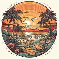 ilustração do tropical panorama com Palma árvores, oceano e montanha. desenho animado plano panorâmico paisagem, pôr do sol com a Palmeiras arte retro estilo ilustração. generativo ai. foto