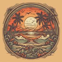 ilustração do tropical panorama com Palma árvores, oceano e montanha. desenho animado plano panorâmico paisagem, pôr do sol com a Palmeiras arte retro estilo ilustração. generativo ai. foto