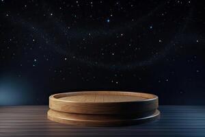 plataforma e natural pódio fundo em a noite com estrelado noite céu para produtos mostrar, em branco mostruário, zombar acima modelo ou Cosmético apresentação. generativo ai. foto