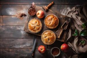 caseiro maçã torta. caseiro maçã tortas em de madeira fundo, topo visualizar. clássico outono Ação de graças sobremesa - orgânico maçã torta. generativo ai foto