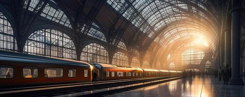 futurista trem transporte a infraestrutura panorama, pessoas esperando para trem em estrada de ferro estação, locomotiva mover, pedestre ponte, moderno cidade em fundo, o negócio edifícios. generativo ai. foto