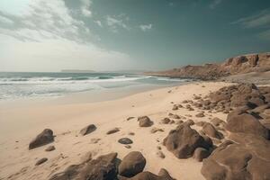 surpreendente de praia com sem fim horizonte e vestígios em a areia. generativo ai. foto