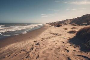 surpreendente de praia com sem fim horizonte e vestígios em a areia. generativo ai. foto