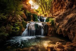 ótimo Visão em cascata com colorida céu durante pôr do sol. Maravilhoso natureza panorama. viagem é uma estilo de vida, conceito. Islândia popular Lugar, colocar do viagem e Turística localização. generativo ai. foto