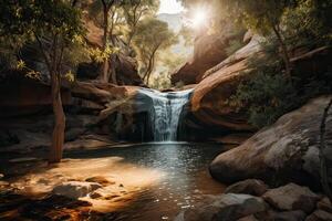 ótimo Visão em cascata com colorida céu durante pôr do sol. Maravilhoso natureza panorama. viagem é uma estilo de vida, conceito. Islândia popular Lugar, colocar do viagem e Turística localização. generativo ai. foto