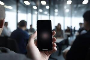 fechar acima Visão do mãos segurando zombar acima inteligente telefone com moderno escritório borrado fundo. generativo ai foto