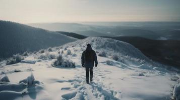 caminhante com mochila caminhando em Nevado trilha dentro inverno montanhas. viagem e aventura conceito.inverno panorama foto