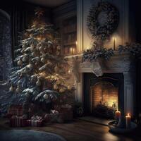 lindo Natal presente caixas em chão perto abeto árvore dentro sala. criada com generativo ai. foto