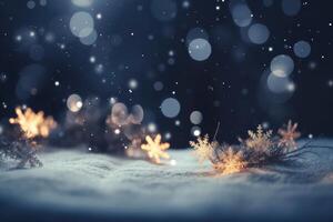 Natal e Novo ano tema fundo. luz azul borrado abstrato fundo com floco de neve. criada com generativo ai. foto