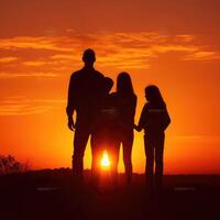 família período de férias dentro natureza. jovem mãe, Papai e seus filhas e filho Conheça às pôr do sol. criada com generativo ai. foto