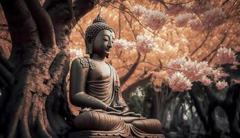 antigo Buda estátua debaixo grande árvore, generativo ai foto