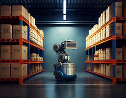 robô Centro do logístico armazenamento, robô braço com caixa trabalhando dentro a material industrial.generativo ai foto