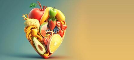 bandeira do abstrato formato de coração frutas e legumes. saudável estilo de vida. mundo Comida dia. generativo ai. foto