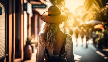 à moda mulher caminhando em a rua com compras bolsas e cópia de espaço. generativo ai. foto