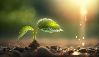 jovem plantar com solta do água dentro luz solar, crescendo plantar crescer acima, generativo ai foto