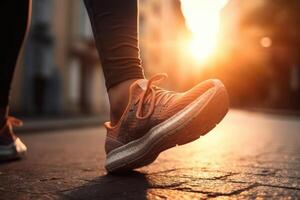 uma menina corredor faz uma manhã corre dentro uma cidade rua. tênis sapatos fechar-se. corrida, correndo, bem-estar, fitness, saúde conceito.desfocado e borrado fundo foto