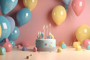 feliz aniversário para você Projeto fundo com bolo e velas decoração e balão. ai gerado foto