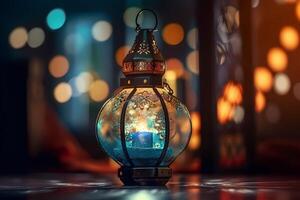 Ramadã kareem islâmico saudações Projeto fundo com lindo bokeh efeito. ai gerado foto