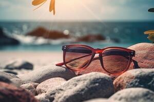 tropical de praia com banhos de sol acessórios, oculos de sol, verão feriado conceito fundo foto