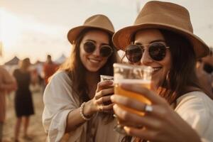 fêmea amigos torcendo com Cerveja às música festival, verão de praia festa foto