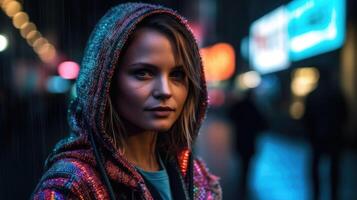 uma jovem e elegante lindo mulher fechar-se retrato. ela é caminhando em a cidade do cyberpunk. foto