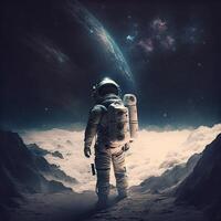 astronauta em uma Rocha superfície com uma espaço fundo. a astronauta em pé em a solitário planeta com ele olhando avançar. generativo ai foto