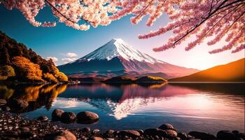 Visão do montar Fuji com cereja florescer, e flores às a lago dentro Japão. montar Fuji com cereja florescer, flores às a lago dentro Japão Fuji montanha às ponto de vista. generativo ai foto