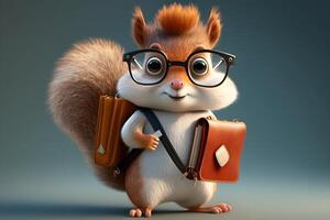 3d animação do uma esquilo vestindo uma saco e vestindo fofa óculos fez de generativo ai tecnologia foto