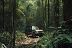 quatro roda dirigir suv é dirigindo em turvar estrada dentro selva. generativo ai foto