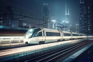 moderno Alto Rapidez trem. velozes trem dentro cidade com movimento borrão efeito. generativo ai foto
