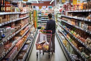 mulher em pé dentro supermercado interior entre prateleiras e escolhendo produtos. generativo ai foto