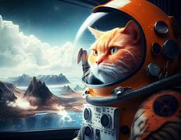 laranja escocês gato vestindo uma traje espacial e dirigindo uma nave espacial acima a azul céu background.generative ai foto