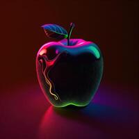 lindo néon luz, maçã em vermelho fundo ai generativo foto