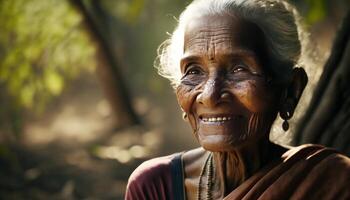 retrato do uma sorridente e muito velho indiano lindo senhora aldeão generativo ai foto