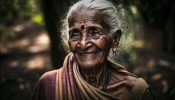 retrato do uma sorridente e muito velho indiano senhora generativo ai foto