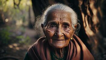 retrato do uma sorridente e muito velho indiano aldeão generativo ai foto