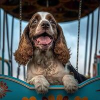 feliz Cocker spaniel cachorro sentado às a carnaval e desfrutando generativo ai foto