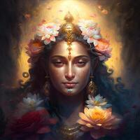 hindu Índia deusa Lakshmi cabeça transformando para dentro flor generativo ai foto