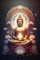 Buda dentro budismo senta em Rosa lindo lótus generativo ai foto