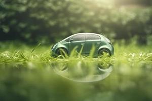 elétrico carro com verde folha ícone em borrão Relva fundo, ecologia e meio Ambiente conceito foto