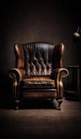 uma belas aceso produtos foto do uma vintage couro cadeira generativo ai