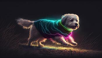 cachorro corrida através a Sombrio noite vestindo uma néon luz generativo ai foto