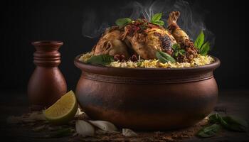 frango Biryani usando Jeera arroz arranjado dentro tigela generativo ai foto