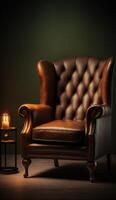 uma confortável produtos do uma vintage couro Castanho lindo cadeira generativo ai foto