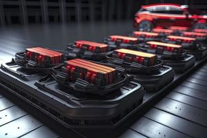 elétrico carros com pacote do bateria células módulo em plataforma dentro uma linha foto