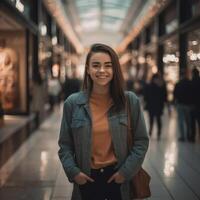 foto do uma sorridente jovem mulher com compras bolsas dentro a compras shopping center. generativo ai