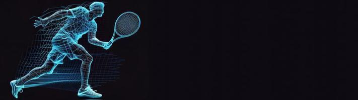abstrato silhueta do uma tênis jogador em Preto fundo. tênis jogador homem com raquete exitos a bola. ilustração ai foto